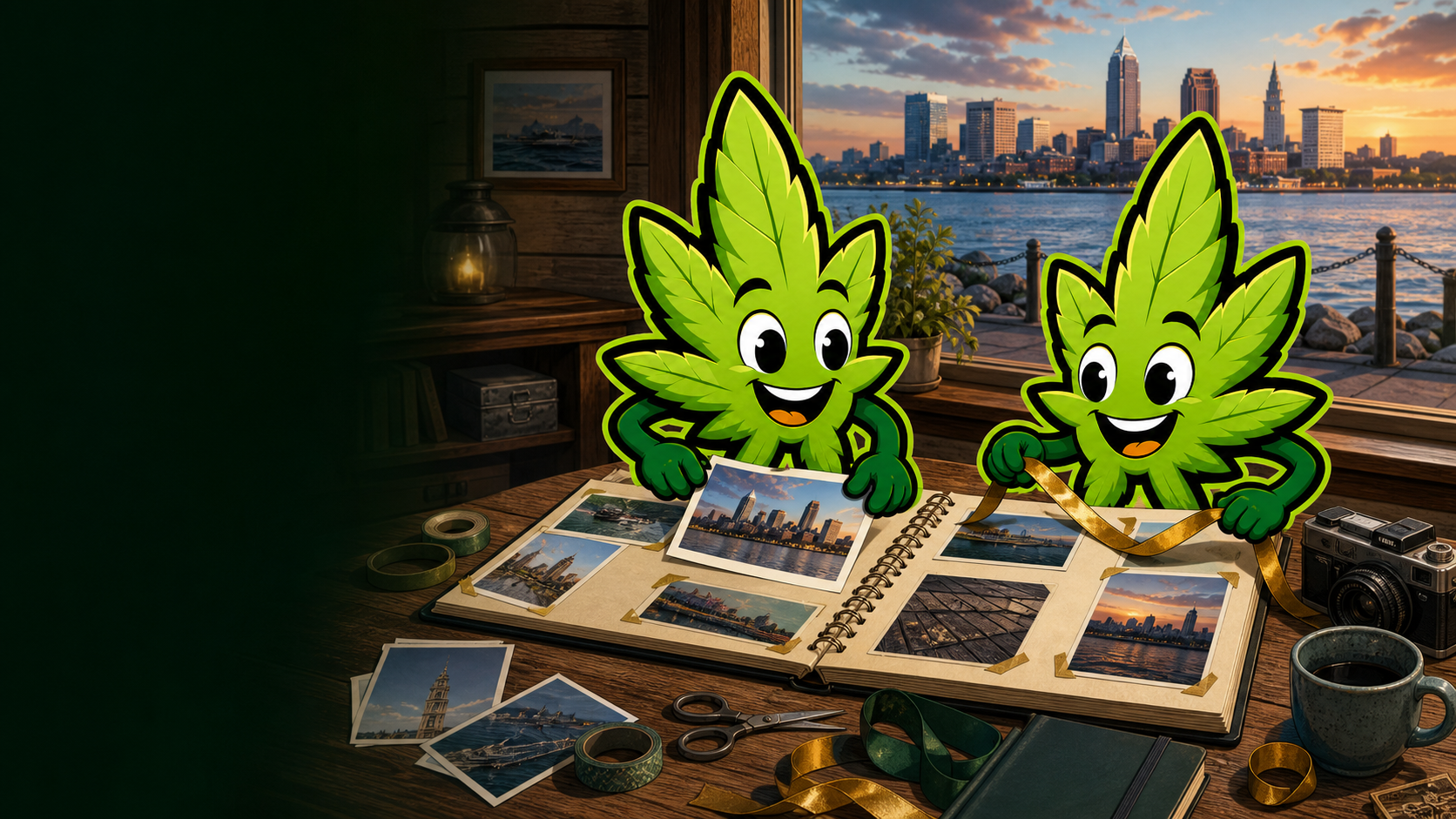 The ReeferBudz mascots looking through a community scrapbook together